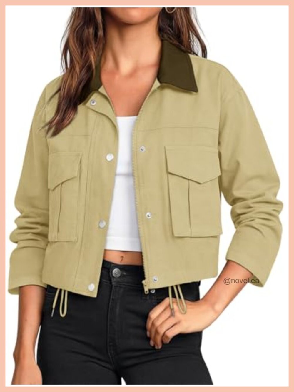 Womens Cropped 100% Cotton Bomber Jacket Zip Up Drawstring Utility Coat